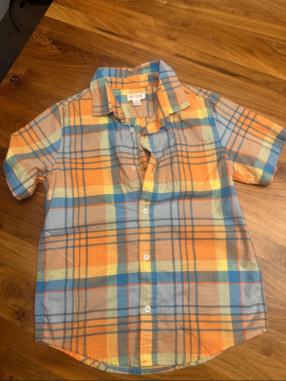 Cat & Jack Orange, Blue & Cream Plaid Short-Sleeve Button-Up Shirt
